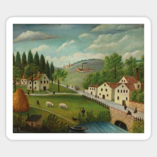 Pastoral Landscape with Stream, Fisherman and Strollers by Henri Rousseau Sticker